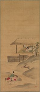 Minamoto no Nakakuni besucht Lady Kogo, Triptychon von Hängerollen von Yukinobu Kiyohara