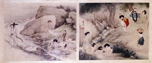 Koreanische Kunst: Frauen waschen ihre Kleidung und kleiden sich, und Frauen machen ihre Toilette und unterhalten sich von Yun bok Sin