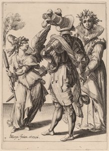 Ein blind gefesselter Amor hält eine Fackel vor ein Paar von Zacharias Dolendo after Jacques de Gheyn II