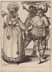 Ein Mann mit Turban führt eine Frau mit Pfauenfedern von Zacharias Dolendo after Jacques de Gheyn II