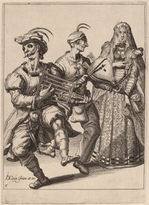 Eine verschleierte Frau mit zwei Musikern, die ein Grillrost und einen Blasebalg spielen von Zacharias Dolendo after Jacques de Gheyn II