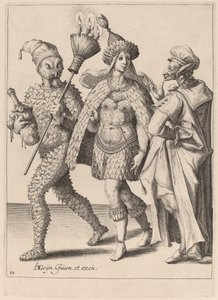 Ein alter Mummer spricht ein Paar in Federn an von Zacharias Dolendo after Jacques de Gheyn II