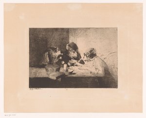 Bekleideter Affe gibt einem Hund und Affen Schreibunterricht von Zacharie Noterman