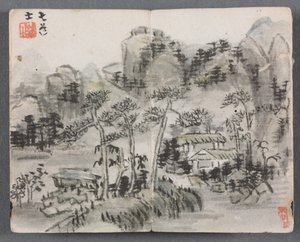 Miniaturalbum mit Figuren und Landschaft (Landschaft mit zwei Gebäuden) von Zeng Yandong