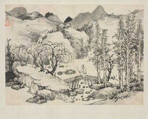 Landschaftsalbum in verschiedenen Stilen: Landschaft mit Künstler auf einer Brücke, 1684 von Zha Shibiao