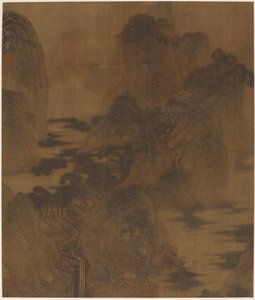 Landschaft: Bergschlucht, Nebel, ein Bach und Gebäude von Zhang Hong