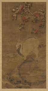 Ein Hirsch, eine Hirschkuh und rote Kamelien im Schnee von Zhou Yuan