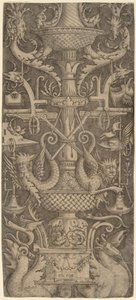 Ornamenttafel mit Drachen, Masken und Kriegsinstrumenten, um 1505 von Zoan Andrea