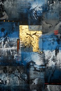 Abstrakte Kunst; Malerei in den Farben Gold, Blau, Schwarz und Grau; Ubud; Bali; Indonesien; Südostasien; Asien