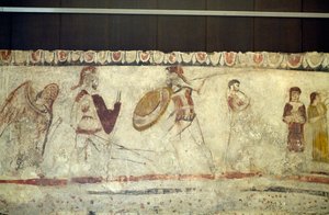 Kampfszene zwischen zwei Kriegern, Fresko aus der Nekropole in Andriuolo-Laghetto in Paestum, Kampanien, Italien, antike griechische Zivilisation, Magna Graecia, 4. Jahrhundert v. Chr. (Foto)