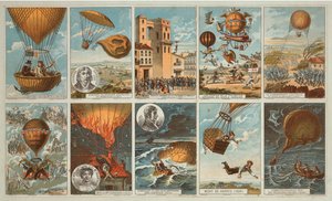 Sammelkarten mit Bildern von Ereignissen in der Geschichte der Ballonfahrt von 1795 bis 1846, ca. 1900