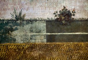 Blumenvase, Detail aus einem Fresko, das einen Garten mit Obstbäumen und Vögeln darstellt, aus dem Haus der Livia auf dem Palatin, Rom, Italien. Römische Zivilisation