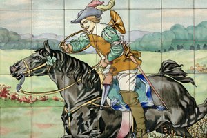 Innenansicht, Fliesenpanel, Maler Furcy Ernest Tondeur, Ausführung Boch Frères La Louvière, zweites Panel zeigt Jagdszene mit galoppierendem Reiter mit Jagdhorn