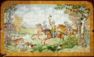 Innenansicht, Fliesenpaneel, Maler Furcy Ernest Tondeur, Ausführung Boch Frères La Louvière, erstes Paneel, Jagdszene mit drei Reitern