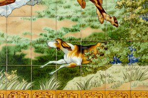 Innenansicht, Fliesenpaneel, Maler Furcy Ernest Tondeur, Ausführung Boch Frères La Louvière, erstes Paneel, Jagdszene mit drei Reitern (Detail) von . .