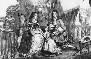 König Ludwig XIV. und seine Tochter bitten die Herzogin Louise de La Valliere, nicht ins Kloster zu gehen