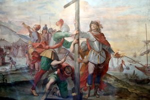 Landung von Christoph Kolumbus. Fresko. Palazzo Fieschi-Crosa Di Vergagni. Genua. Italien