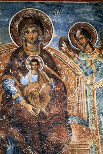 Madonna mit Kind und Engel, Fresko im Kloster Ano Pedina, nahe Papigo, Zagoria, Epirus, Griechenland