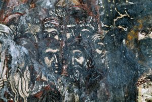 Männliche Figuren, beschädigtes Fresko an der Decke der Kirche Agios Vasileios, Vavouledo, Kreta, Griechenland