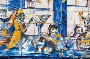 Musikstunde mit anthropomorphen Katzen und Mäusen, Azulejos-Fliesen, Gärten des Palastes des Marquis de Fronteira