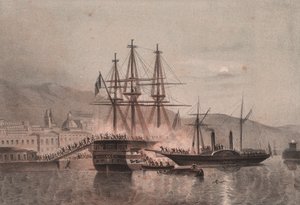 Neapolitanisches Schiff Monarca von Tuckery angegriffen, im Hafen von Castellammare