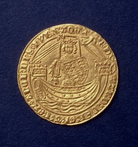 Noble von Edward III (1312-77) Vorderseite zeigt den König auf einem Schiff, Calais-Münze, eingeführt 1344 von Hippolyte Lalaise Devéria