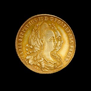 Portugiesische Münze mit Königin Maria I. und ihrem Königsgemahl Pedro III.