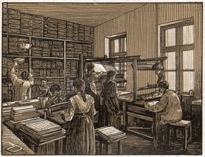 Druckerei in Budapest, Ungarn: Fassung und Vorbereitung von Büchern. Frauenarbeit. ca. 1910 (Illustration) von . .