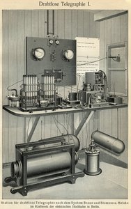 Fortschritt der Telekommunikation: Wissenschafts- und Technologiebrett, das eine alte Telegrafenstation darstellt. Illustration aus Meyers Großes Konversations-Lexikon, 1904. Bibliographisches Institut, Leipzig und Wien