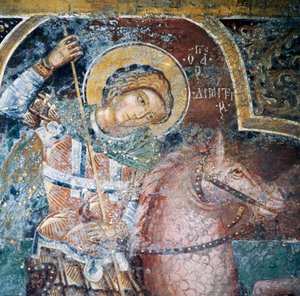 Heiliger zu Pferd, Fresko in der Kirche des Thari-Klosters, Insel Rhodos, Griechenland von Georg Carl Heinrich Dollmann