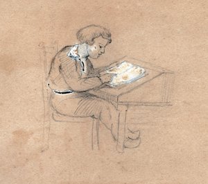 Schuljunge bei der Arbeit an seinem Schreibtisch (Illustration) von . .