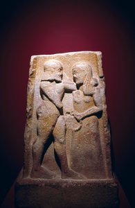 Stele mit Menelaos und Helena, gefunden in Sparta, Griechenland, griechische Zivilisation, spätes 7. Jahrhundert v. Chr.