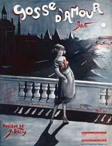 Frau auf der Pont au Change in Paris, hinter ihr die Seine und die Conciergerie (Illustration)