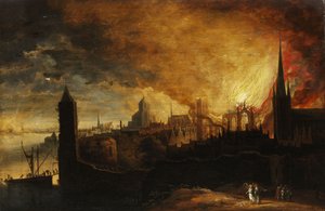 Brennende Stadt mit Lot, dem Engel und seinen Töchtern von Anonymous