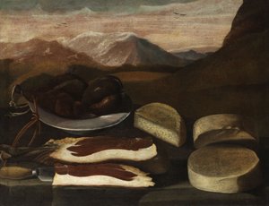 Stillleben mit Wurst, Schinken und Käse