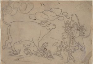 Durga konfrontiert den Büffeldämon Mahisha: Szene aus dem Devi Mahatmya
