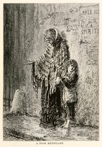 Ein armer Bettler, aus In 80 Tagen um die Welt von Jules Verne, graviert von Louis Dumont, 1873 von after Alphonse Marie de Neuville