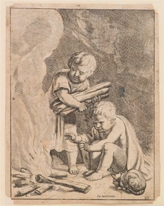 Zwei Kinder machen Feuer von after Cornelis Holsteyn