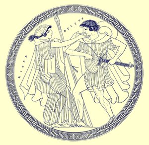 Theseus und Aethra, Illustration aus Griechische Vasenmalereien von J. E. Harrison und D. S. MacColl, veröffentlicht 1894