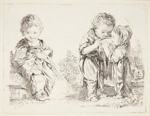 Kind auf einem Erdklumpen sitzend und Die kleinen Milchtrinker von after Francois Boucher