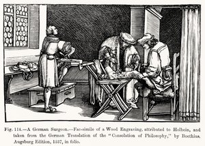 Ein deutscher Chirurg, aus Trost der Philosophie von Boethius, Illustration aus Wissenschaft und Literatur im Mittelalter und der Renaissance, geschrieben und graviert von Paul Lacroix, 1878 von after German School