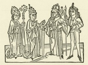 Der Heilige Römische Kaiser und der Papst, begleitet von einem Ritter und einem Bischof, die Schwerter halten, symbolisieren die richterliche Macht in ihren Ländern von after German School