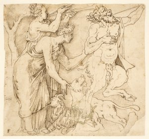 Ein Satyr, zwei Frauen, ein Löwe und eine Ziege