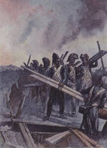 Französische Soldaten bauen eine Pontonbrücke in der Schlacht von Arcole, Italien, 1796