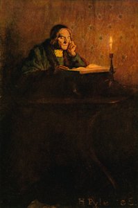 Ein ordentlicher und verschrumpelter Herr saß an einem Schreibtisch von after Howard Pyle