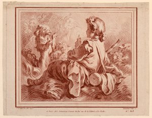 Sitzender Schäfer spielt mit einem Hund von after Jean Baptiste Huet