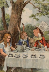 Poster, das die Teeparty des verrückten Hutmachers aus Alice im Wunderland darstellt von after John Tenniel