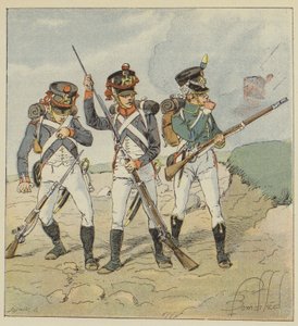 Junge Garde, 1806, Rekrut-Grenadier, Scharfschützen-Grenadier, Flankeur-Jäger von after Louis Charles Bombled