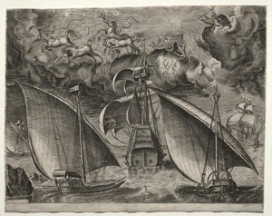 Segelschiffe: Zwei Galeeren segeln hinter einem bewaffneten Dreimaster mit Phaeton und Jupiter am Himmel von after Pieter Bruegel