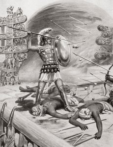 Alexander der Große kämpft gegen die Assacani in der befestigten Stadt Massaga, Indien während seines Indienfeldzugs im Jahr 326 v. Chr., aus Hutchinsons Geschichte der Nationen, veröffentlicht 1915